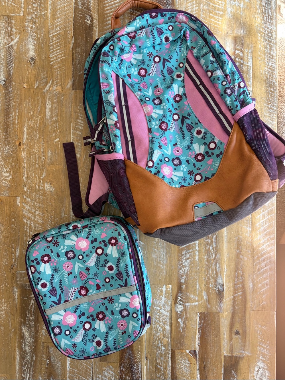 Garnet Hill Teal Floral Kids Backpack and lunchbox